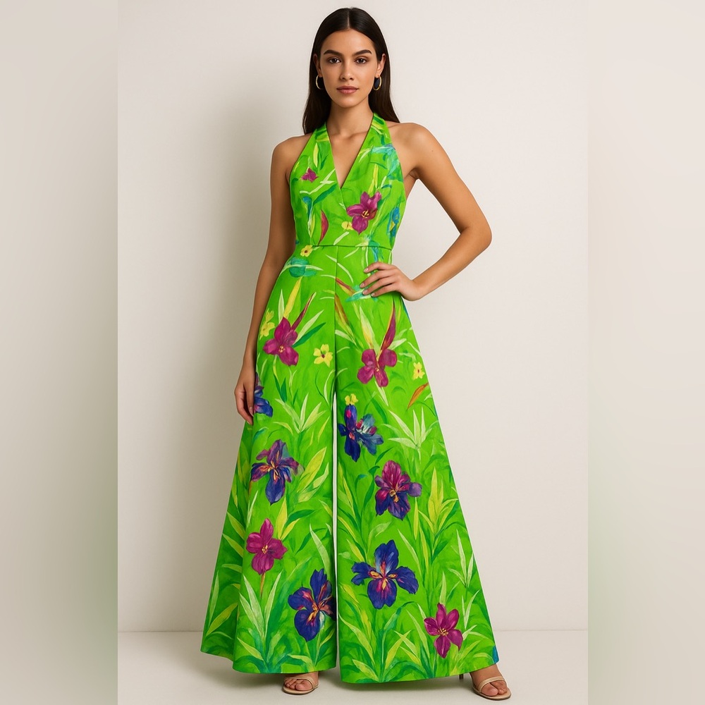 Karen Millen Green Tropical Floral Wide-Leg Jumpsuit – Vibrant Resort